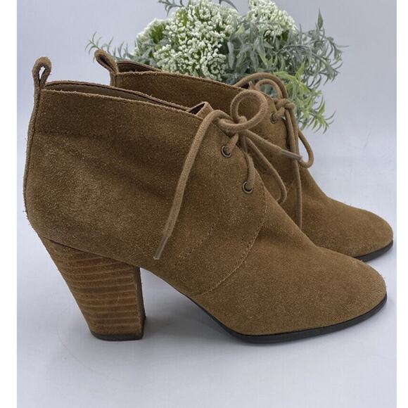 Lucky Brand Unitas Women's Size 7 Suede Ankle Lace Up Booties Brown Stack Heel - Picture 1 of 12